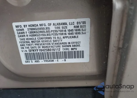 2005 Honda Pilot Ex z USA, uszkodzony, nr VIN 5FNYF18425B016112